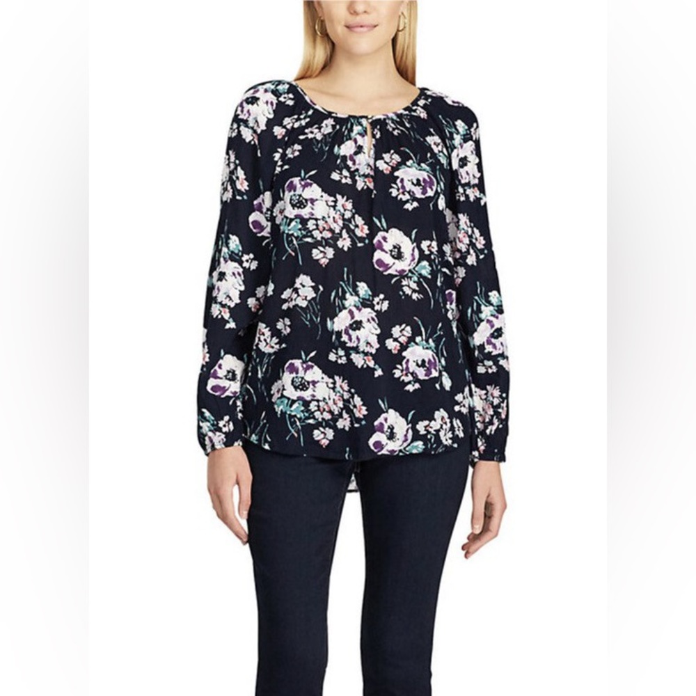Chaps Navy Floral Cotton Peasant Blouse